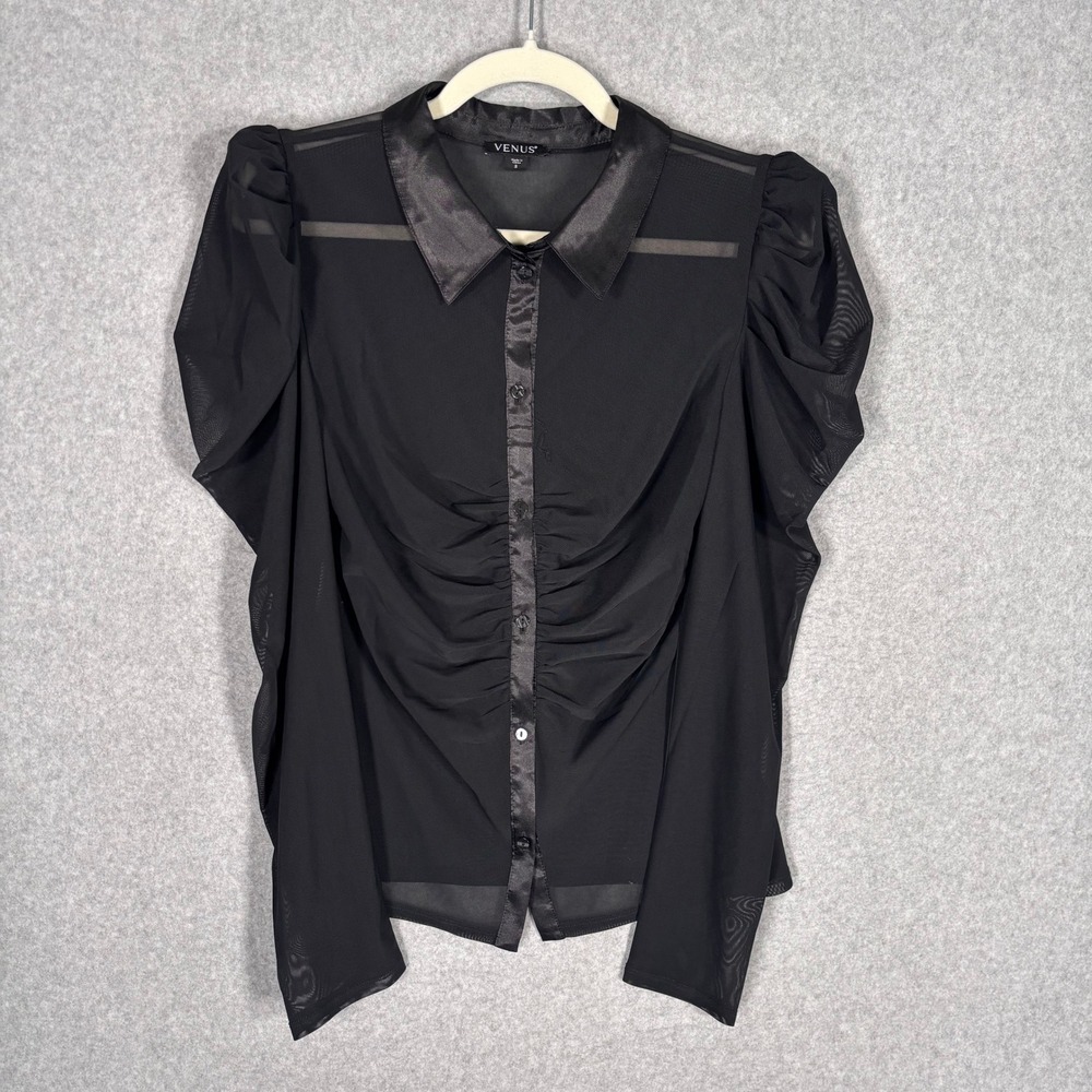Mesh Puff Ruched Sheer Blouse Small Black Satin Trim Victorian Whimsigoth Dark